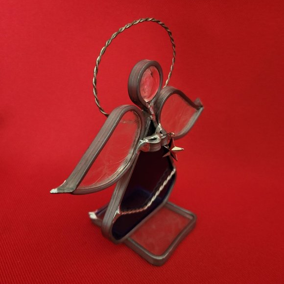 Vintage Stained Glass Free Standing Angel Holding a Star Blue Suncatcher - Picture 2 of 12